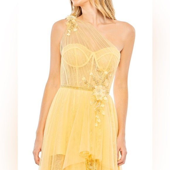 Mac Duggal Embellished Tulle One Shoulder High Low Gown Lemon Yellow 50661 prom - Picture 2 of 11